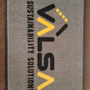 Jet print floor mat with “VSLSA Sustainability Solutions” logo in black and yellow